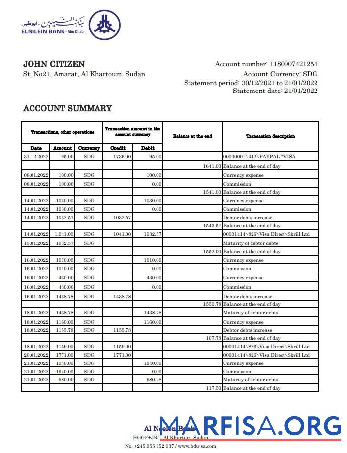 Realistic Sudan Al Neelen bank statement excel example